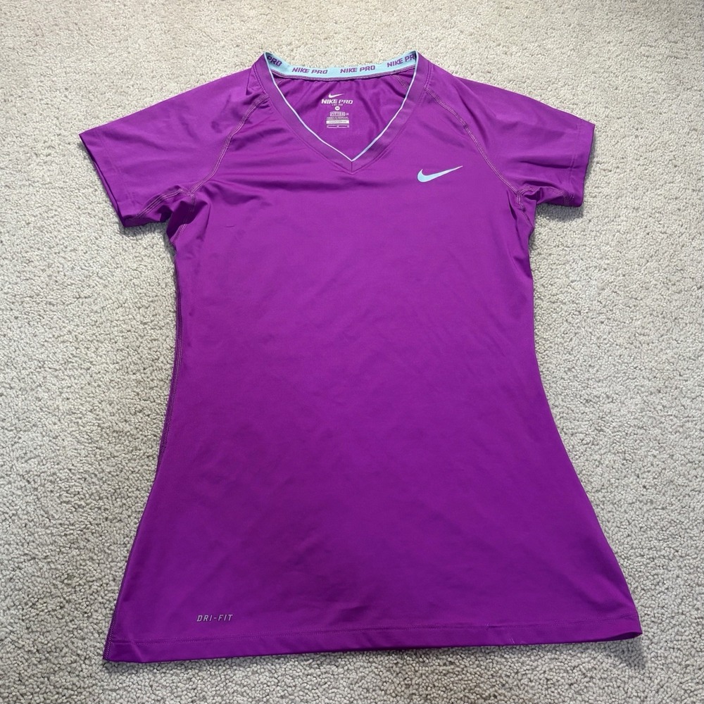 Nike Pro Fitted Dri-Fit Short Sleeve Shirt Medium Magenta Gym Training V-Neck